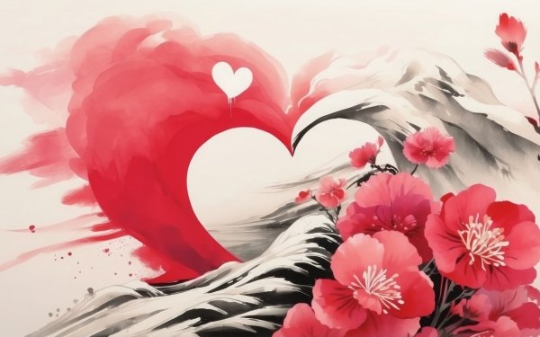 Valentine's Day themed HD desktop wallpaper featuring artistic heart design with red flowers and abstract waves.