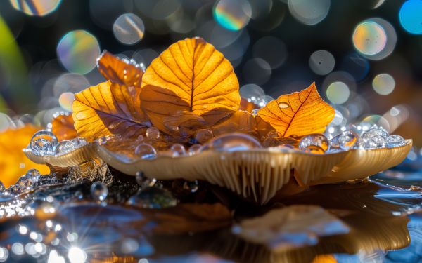 HD wallpaper of vibrant autumn leaves resting on a mushroom with glistening water droplets, creating a beautiful, bokeh background perfect for desktops.