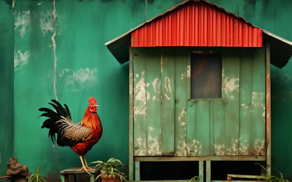 HD desktop wallpaper of a rooster standing in front of a green chicken coop with a red roof.