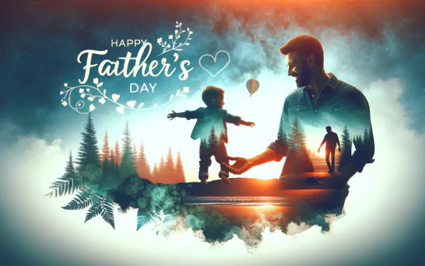 A vibrant HD wallpaper celebrating Father's Day, featuring a silhouette of a father and child against a dreamy landscape, adorned with the text Happy Father's Day.