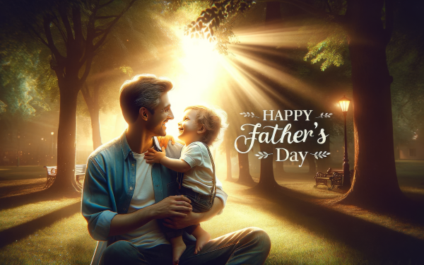 Happy Father's Day HD wallpaper featuring a tender moment between a father and child with warm sunlight filtering through trees.