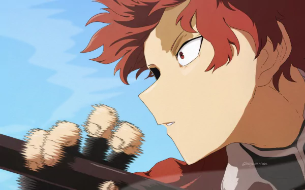 HD anime desktop wallpaper featuring Stark from Frieren: Beyond Journey's End, capturing a focused side profile with vibrant red hair and detailed shading.