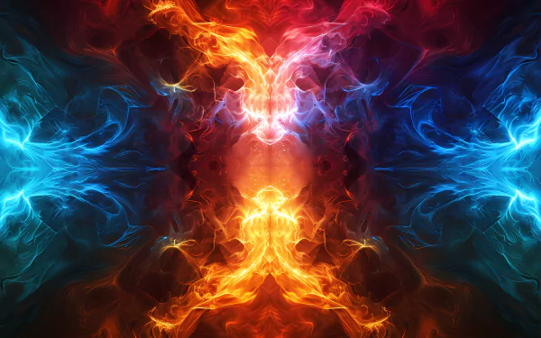 Abstract colorful AI art: symmetrical, kaleidoscopic energy swirls with a fiery orange-red center and electric blue plumes — 5K Ultra HD PC desktop wallpaper/background.