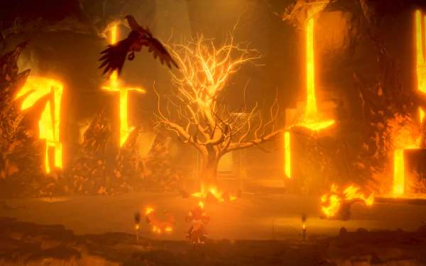 A breathtaking HD wallpaper from the video game Palworld, showcasing a dramatic landscape with glowing trees and a soaring bird against a fiery background.