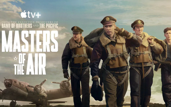 HD desktop wallpaper featuring the promotional image for the TV show 'Masters of the Air' with actors in military uniforms representing characters of the series, against the backdrop of a wartime airfield and aircraft.