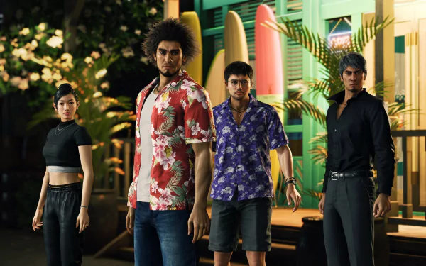 HD desktop wallpaper featuring characters from the game Like a Dragon: Infinite Wealth posing confidently on a vibrant street.