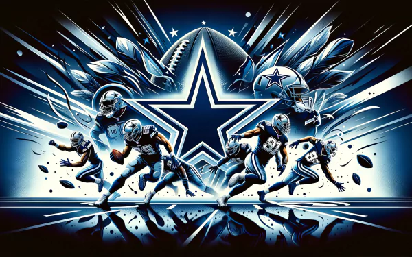 Dynamic HD desktop wallpaper featuring stylized Dallas Cowboys football players in action, with a prominent star logo, embodying the energy of NFL Super Bowl sports.