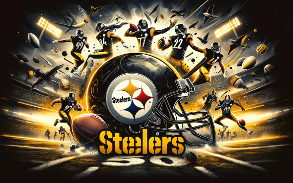 HD wallpaper featuring dynamic artwork of Pittsburgh Steelers players and logo, capturing the spirit of NFL football and Super Bowl excitement.