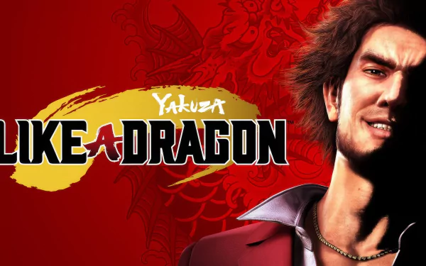 HD wallpaper of Yakuza: Like a Dragon video game with protagonist on red background.