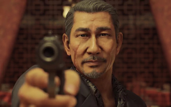 Yakuza: Like a Dragon HD wallpaper featuring a close-up of a character aiming a handgun with a focused expression.