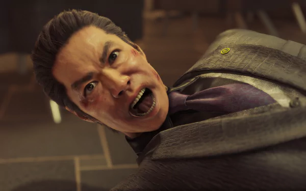 A dramatic scene from the video game Yakuza: Like a Dragon, featuring a character in a suit, expressing intense emotion in an HD desktop wallpaper format.