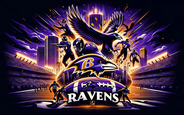 A vibrant HD wallpaper featuring the Baltimore Ravens, showcasing dynamic football players, the iconic team logo, and an energetic urban backdrop, capturing the spirit of NFL and Super Bowl excitement.
