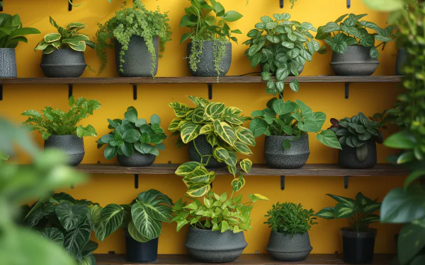 A vibrant display of various houseplants in stylish pots against a bright yellow wall, creating a lush and inviting atmosphere, suitable as a HD desktop wallpaper.