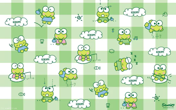HD desktop wallpaper featuring a pattern of the anime character Keroppi from Sanrio on a checkered green background.