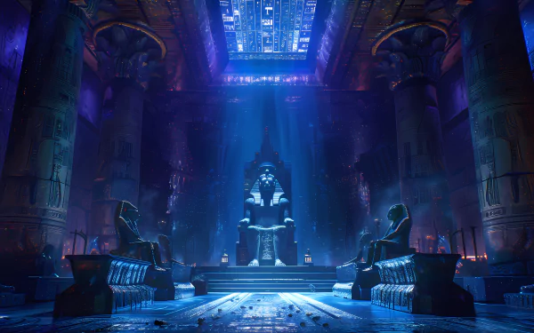 HD wallpaper depicting a mystical Egyptian pharaoh on a throne in a fantasy setting with ancient, illuminated architecture.