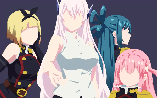 Anime-style illustration of four faceless female characters from Chained Soldier, rendered in vibrant colors, designed as a 4K Ultra HD PC desktop wallpaper background.
