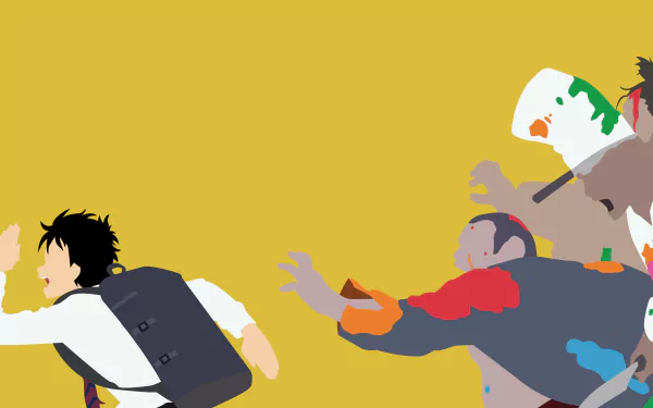 Anime-style 4K Ultra HD desktop wallpaper featuring Akira Tendo from Zom 100: Bucket List of the Dead running from zombies on a yellow background.