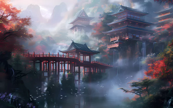 HD desktop wallpaper featuring a mystical Asian fantasy scene in Japan, with ancient temples enveloped in mist and vibrant autumn foliage.