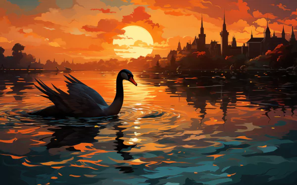 HD desktop wallpaper featuring a majestic black swan on a tranquil lake at sunset with a vibrant orange sky and silhouette of a city skyline in the background.