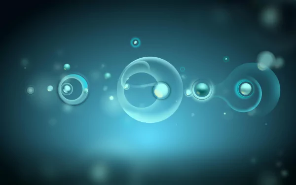 HD Frutiger Aero themed abstract desktop wallpaper with blue bubbles and swirls on a dark teal background.