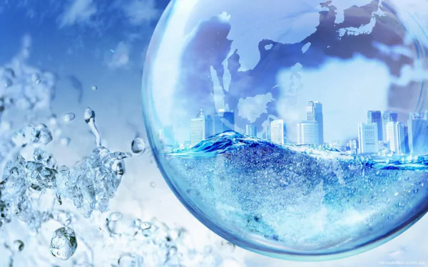 HD wallpaper featuring a crystal ball with cityscape and world map against a splashing water background, tagged Frutiger Aero.