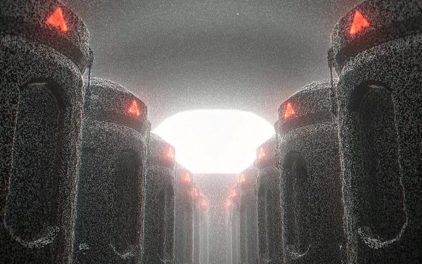 BlazBlue Entropy Effect HD wallpaper featuring mysterious monoliths with glowing red lights in a foggy atmosphere.