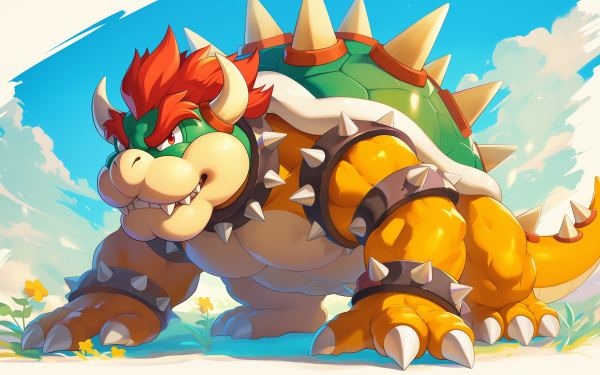 HD desktop wallpaper featuring Bowser from the Mario series in a vibrant, animated style against a bright, sky-blue background with subtle floral elements.