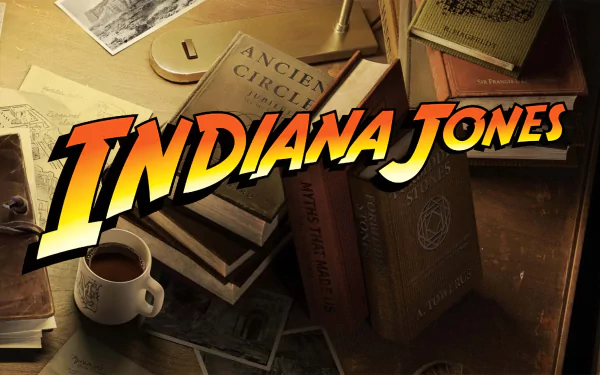 HD desktop wallpaper featuring Indiana Jones and the Great Circle video game theme with iconic logo and adventure-related items like maps and books.
