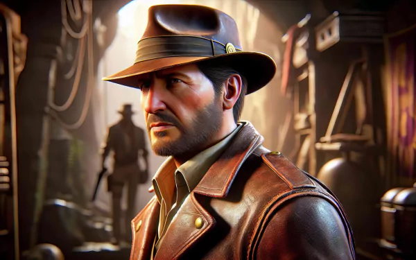 HD wallpaper of a character resembling an adventurer in a fedora and leather jacket, reminiscent of Indiana Jones, from the video game Indiana Jones and the Great Circle.