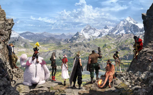 HD desktop wallpaper featuring characters from Final Fantasy VII Rebirth standing against a scenic mountain backdrop.
