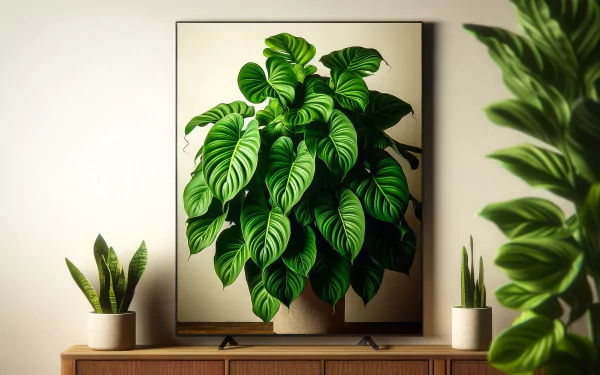 HD desktop wallpaper featuring a vibrant houseplant illustration as the focal point in a stylish interior setting with additional plants on a wooden sideboard.