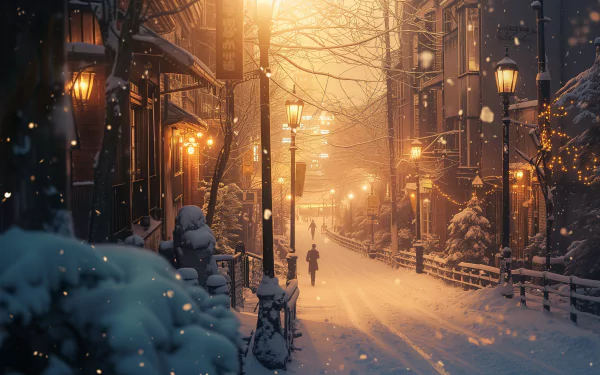 A serene snowy city scene captures softly lit streetlamps along a tranquil, snow-covered pathway, inviting a sense of calm and winter beauty. An enchanting HD desktop wallpaper.