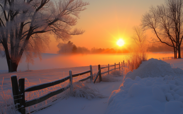 Winter sunrise over a snowy landscape with frost-covered trees and a wooden fence, ideal for HD desktop wallpaper and background.