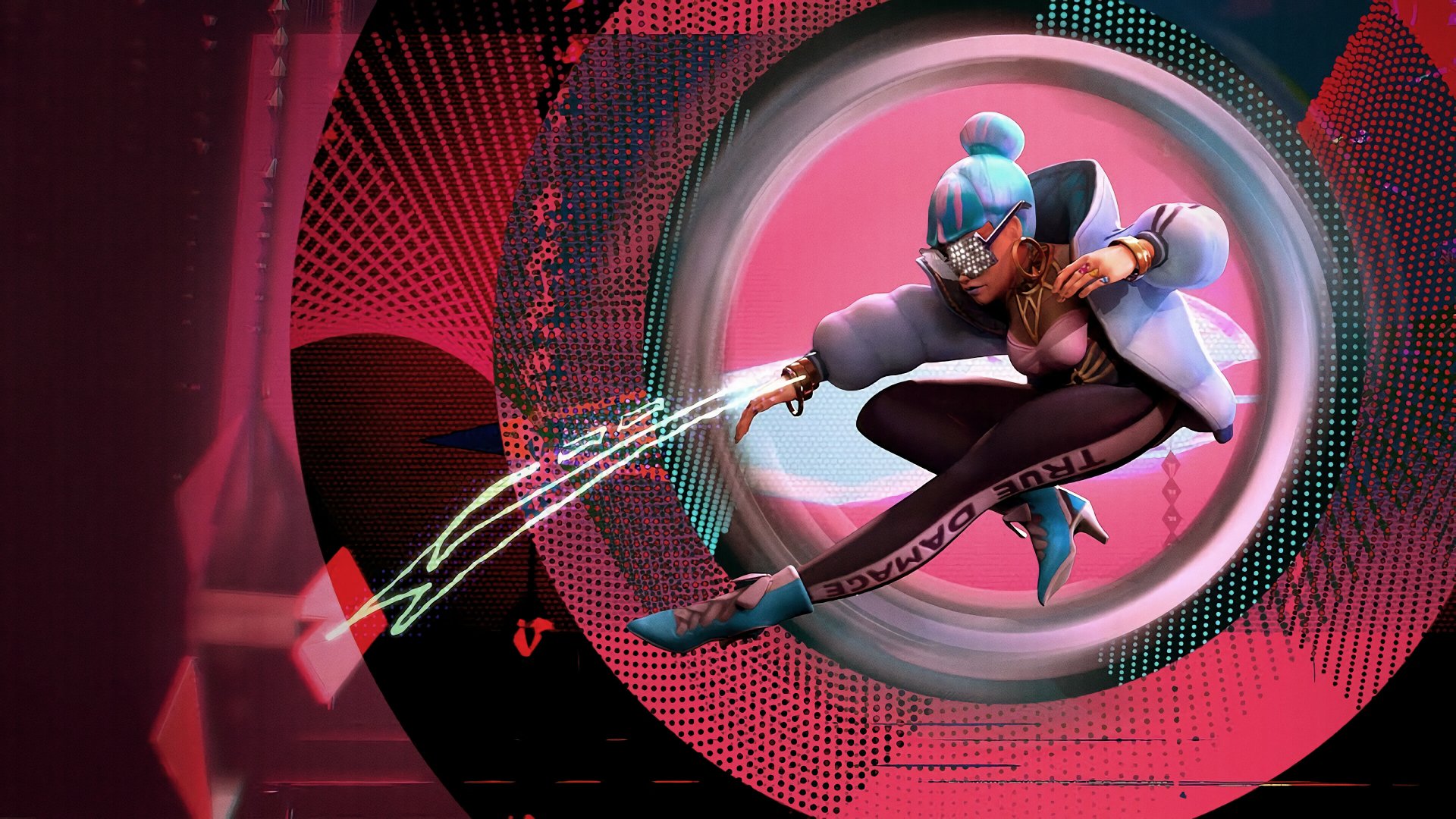 HD wallpaper featuring Qiyana from League of Legends with a dynamic pose set against a stylistic, abstract background.