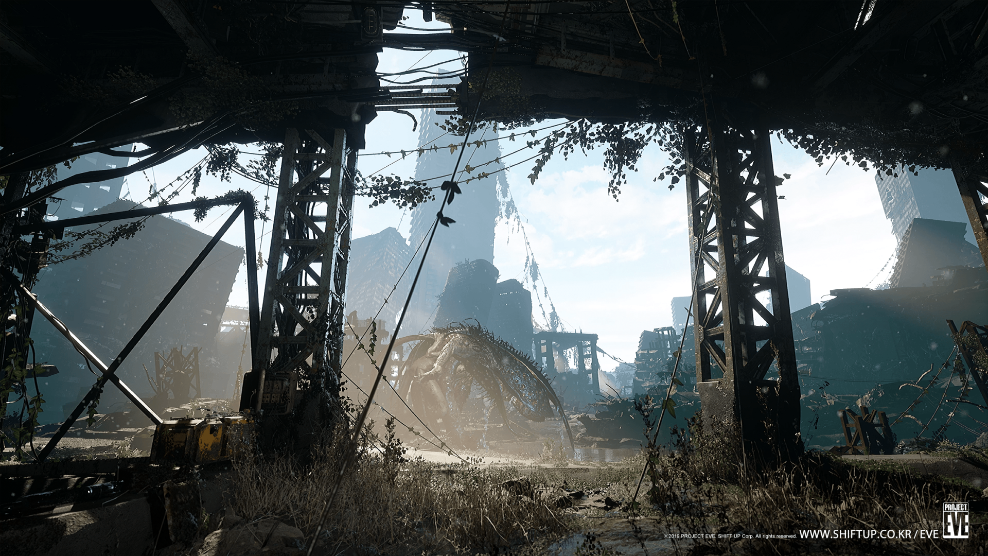 A captivating HD wallpaper showcasing a post-apocalyptic landscape from the video game Stellar Blade, featuring overgrown structures and a misty atmosphere.
