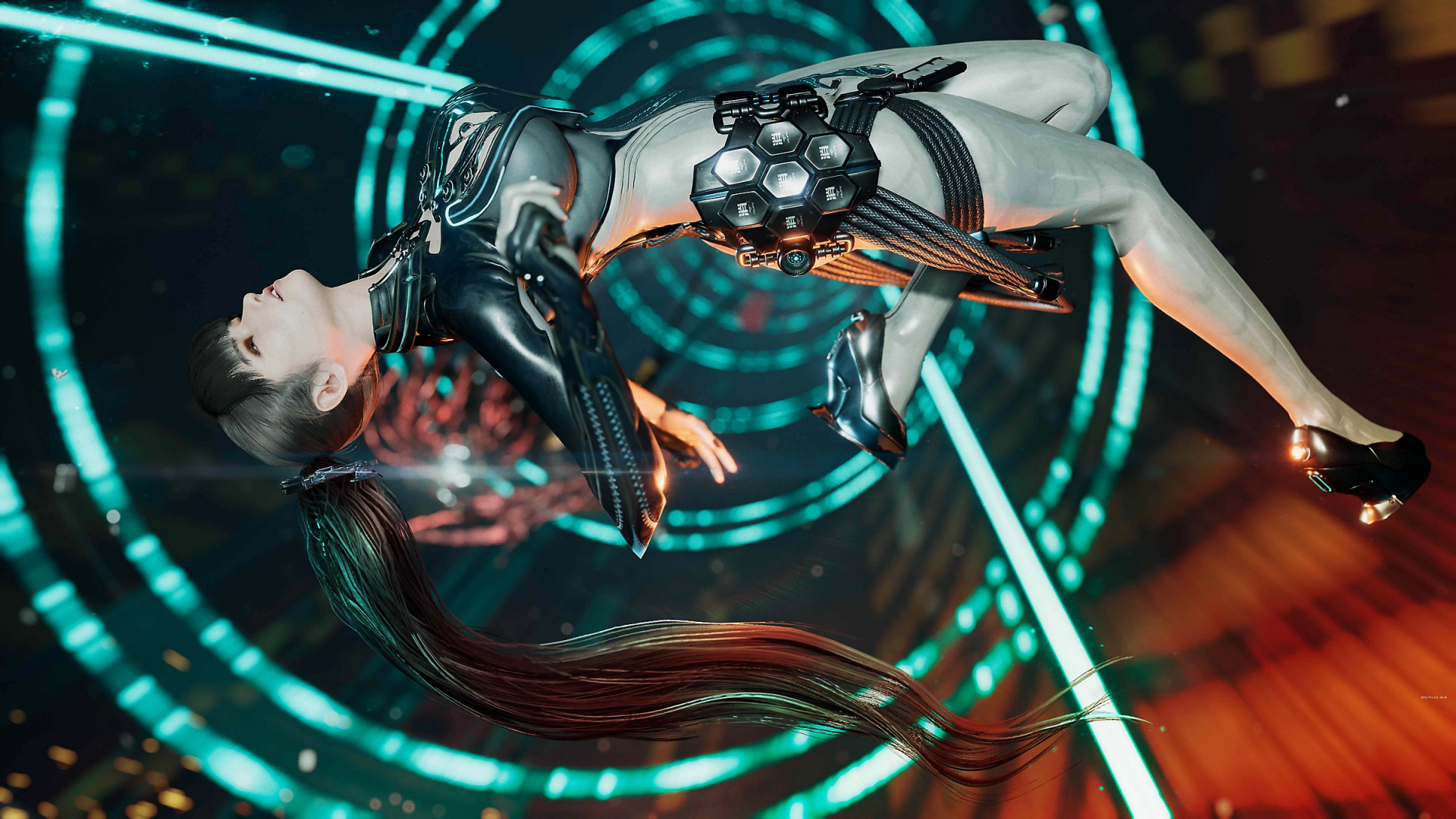 Stellar Blade video game HD wallpaper featuring futuristic female character in action amid vibrant neon lights.
