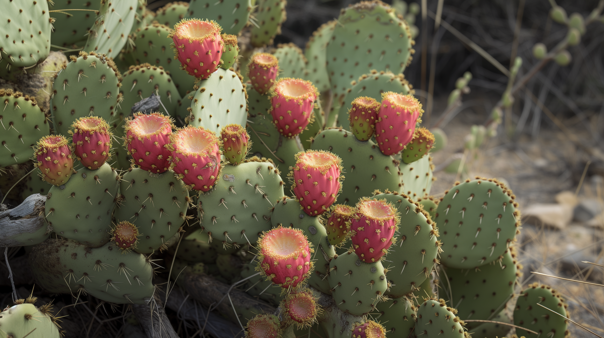 A vibrant prickly pear cactus adorned with bright red fruit, captured in high definition, creating a striking desktop wallpaper and background.