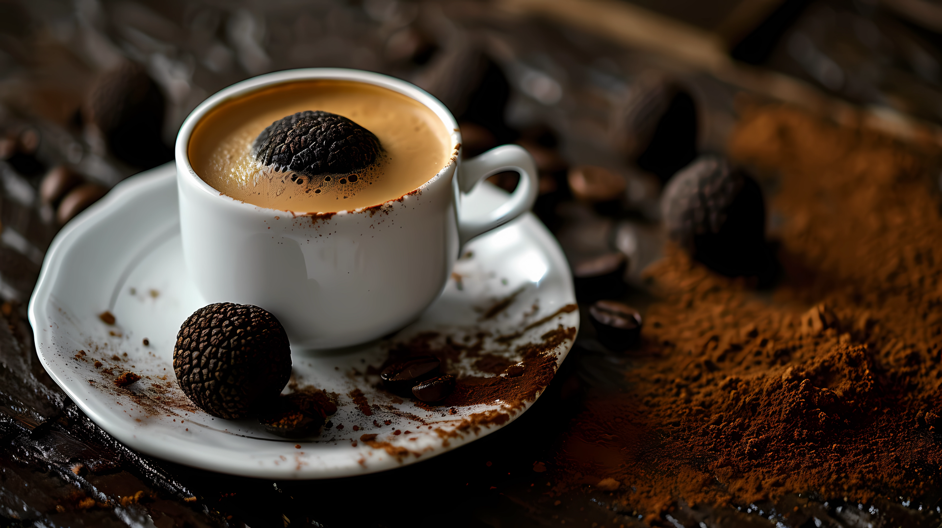 HD wallpaper of a steaming coffee cup with truffle on a saucer, surrounded by coffee beans and cocoa powder on a wooden table.