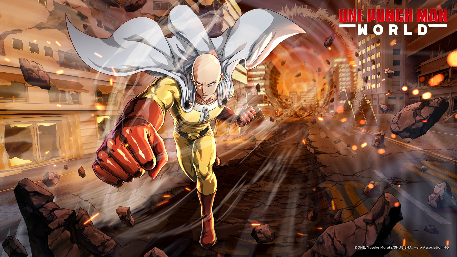 HD wallpaper featuring Saitama from One Punch Man World video game with explosive action background.