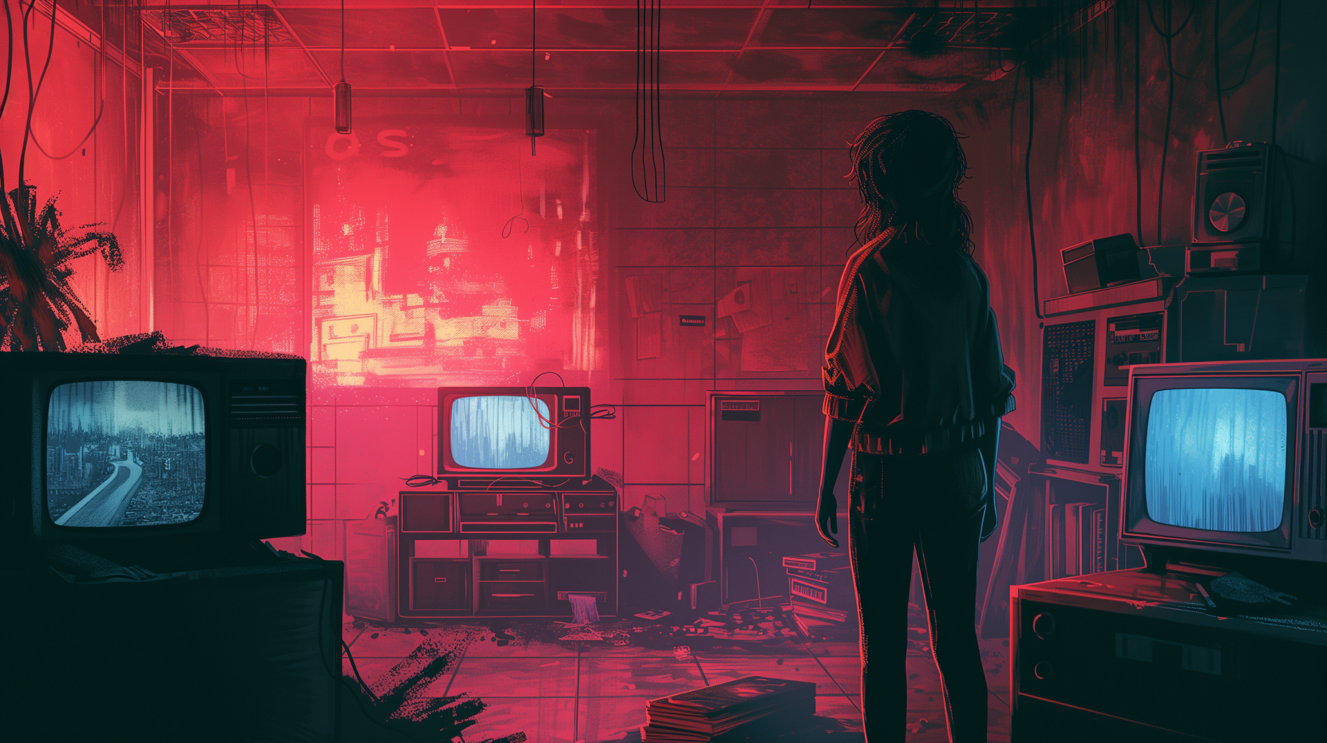 Artistic HD wallpaper featuring a duotone image of a person standing in a cluttered room with multiple televisions, illuminated by a striking red hue.