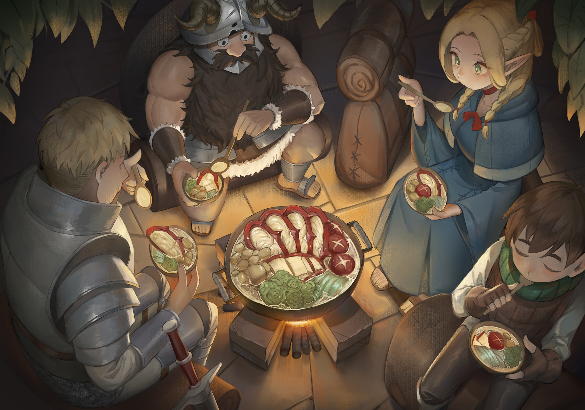 Anime-style scene from Delicious in Dungeon showing adventurers sharing a meal around a campfire, captured as an HD PC desktop wallpaper and background.