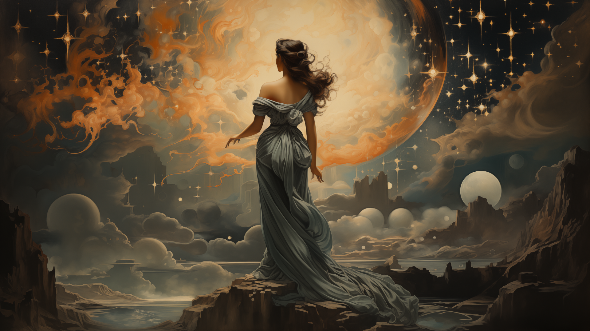 Woman in blue dress standing before a dreamy celestial backdrop with moons and stars, HD fantasy desktop wallpaper.