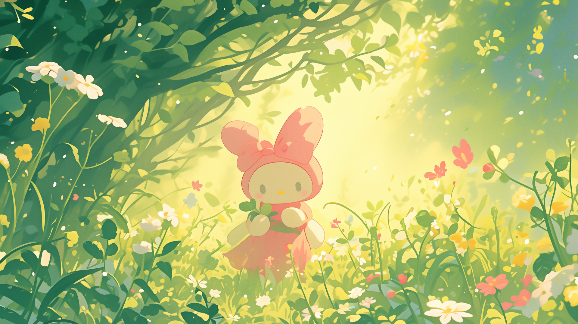 HD desktop wallpaper featuring My Melody from Sanrio's Onegai My Melody, set in a serene pastel-colored flower garden with a soft, magical ambiance.