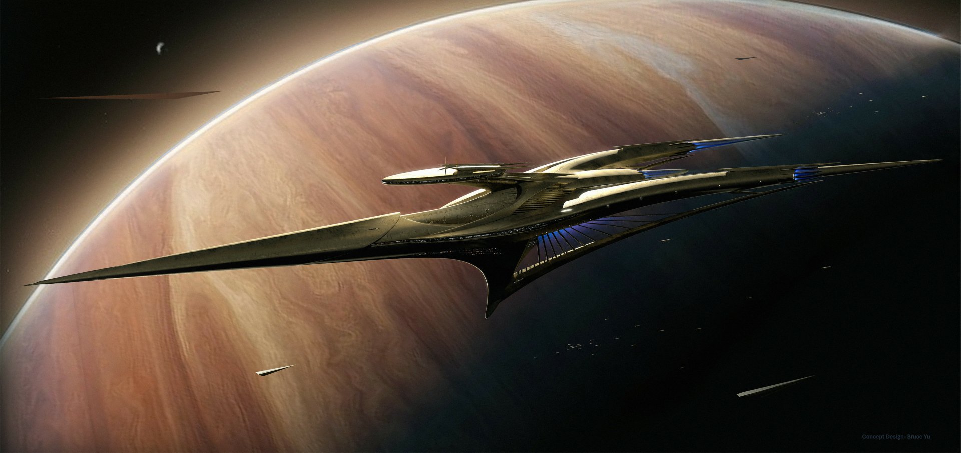 HD sci-fi wallpaper featuring a sleek spaceship soaring past a gas giant for a desktop background.
