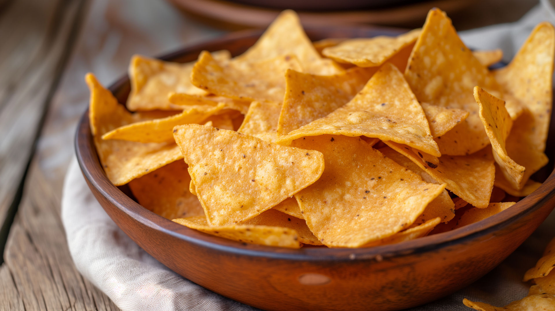 A close-up of golden tortilla chips arranged in a rustic bowl, set against a warm wooden background. This vibrant image makes for an appealing HD desktop wallpaper.