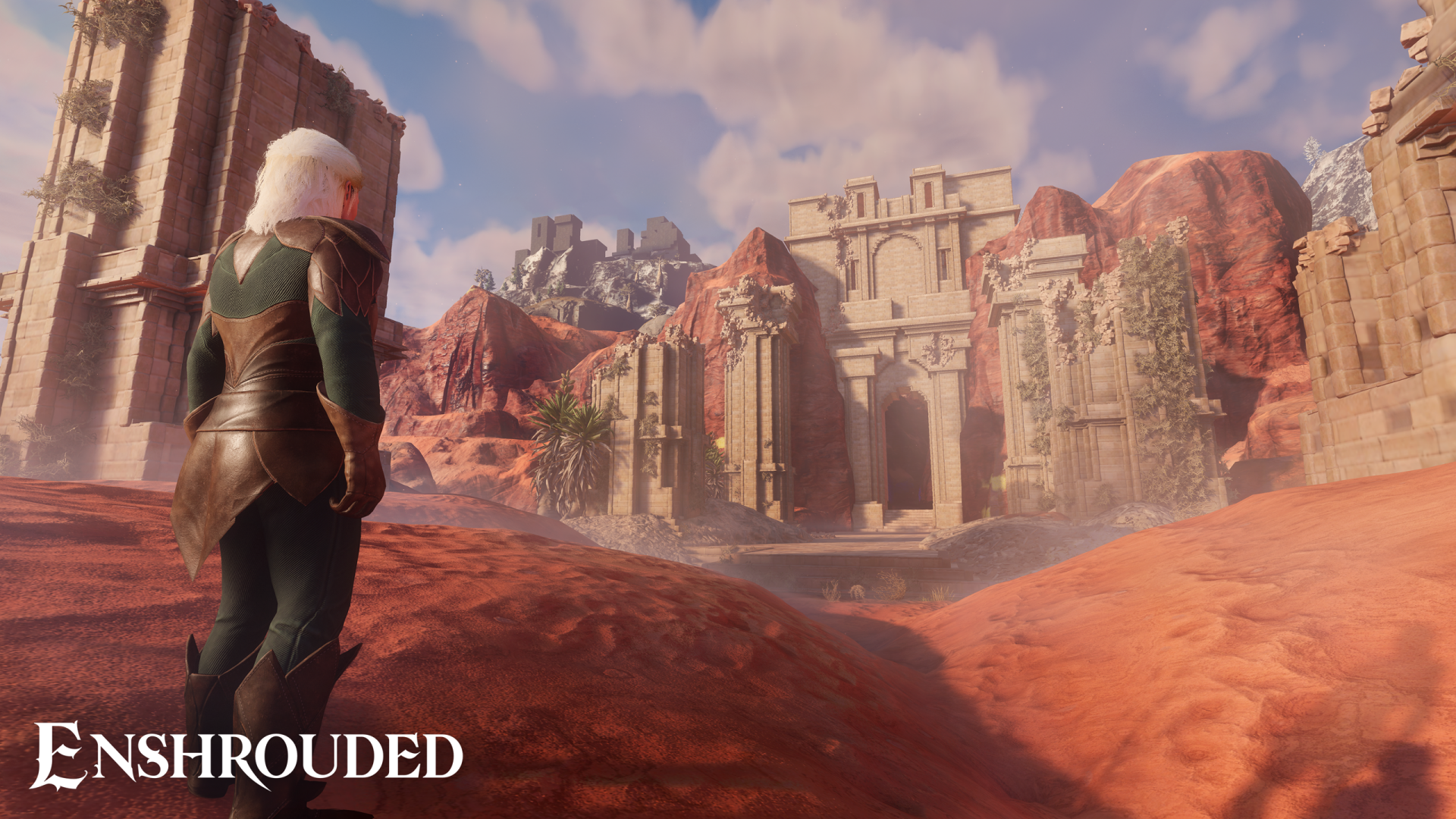 Enshrouded video game HD wallpaper featuring a character overlooking ancient ruins under a clear sky.