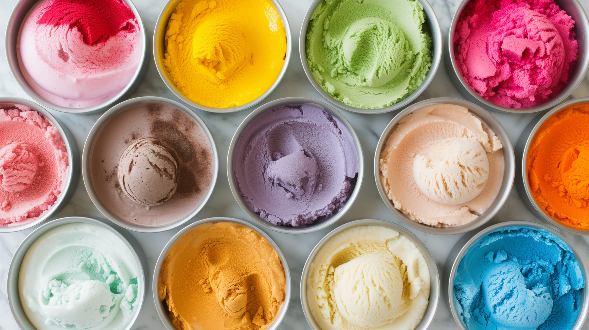 A colorful array of gelato in various flavors, displayed in round containers on a marble surface, creates a vibrant and appetizing desktop wallpaper.