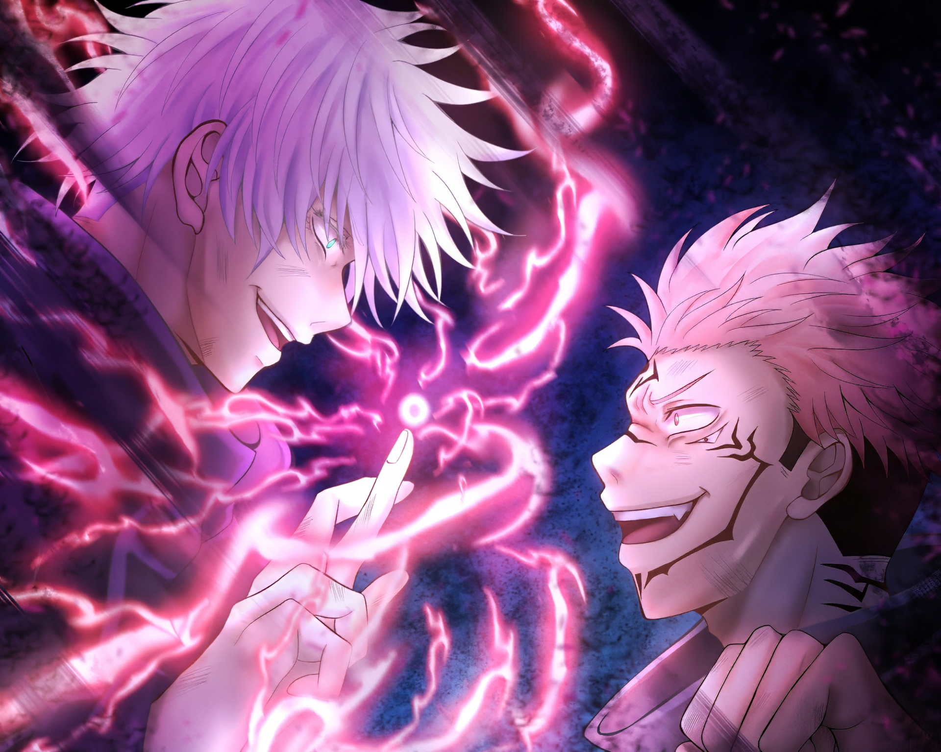 Satoru Gojo and Sukuna face off in a dynamic clash, surrounded by vibrant energy, in this HD wallpaper from Jujutsu Kaisen, capturing their intense rivalry.