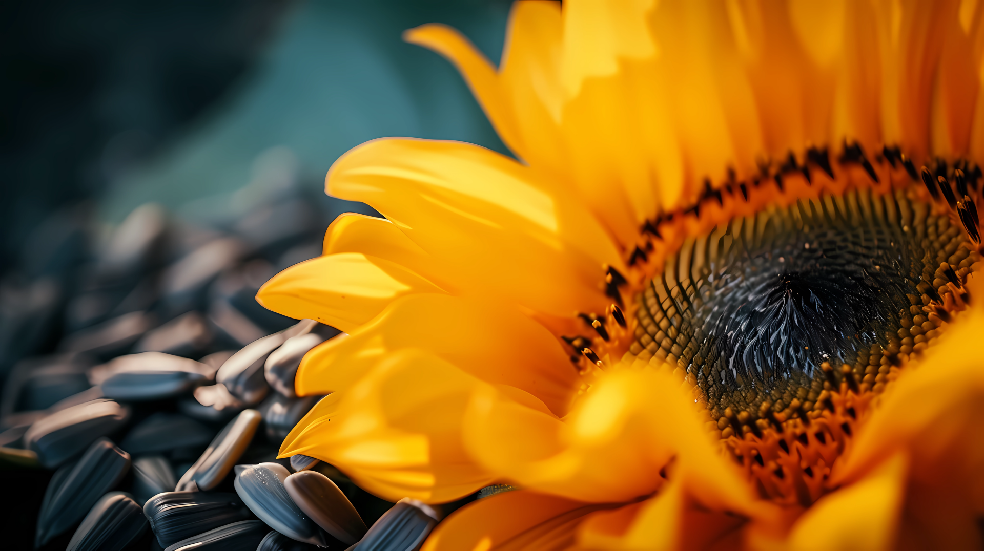 Vibrant macro shot of a sunflower with seeds for HD desktop wallpaper.