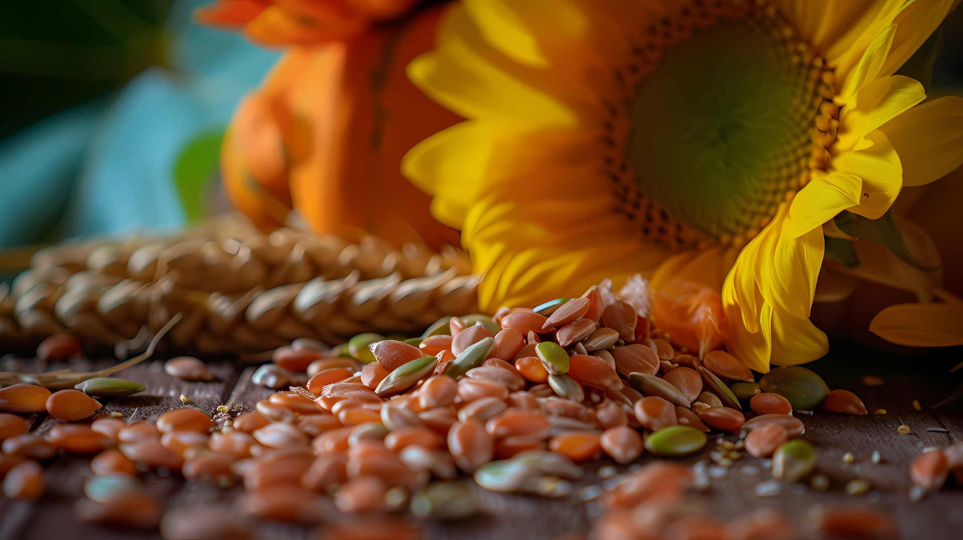 HD wallpaper of sunflower seeds scattered in front of a vibrant sunflower with wheat stalks on a textured surface.